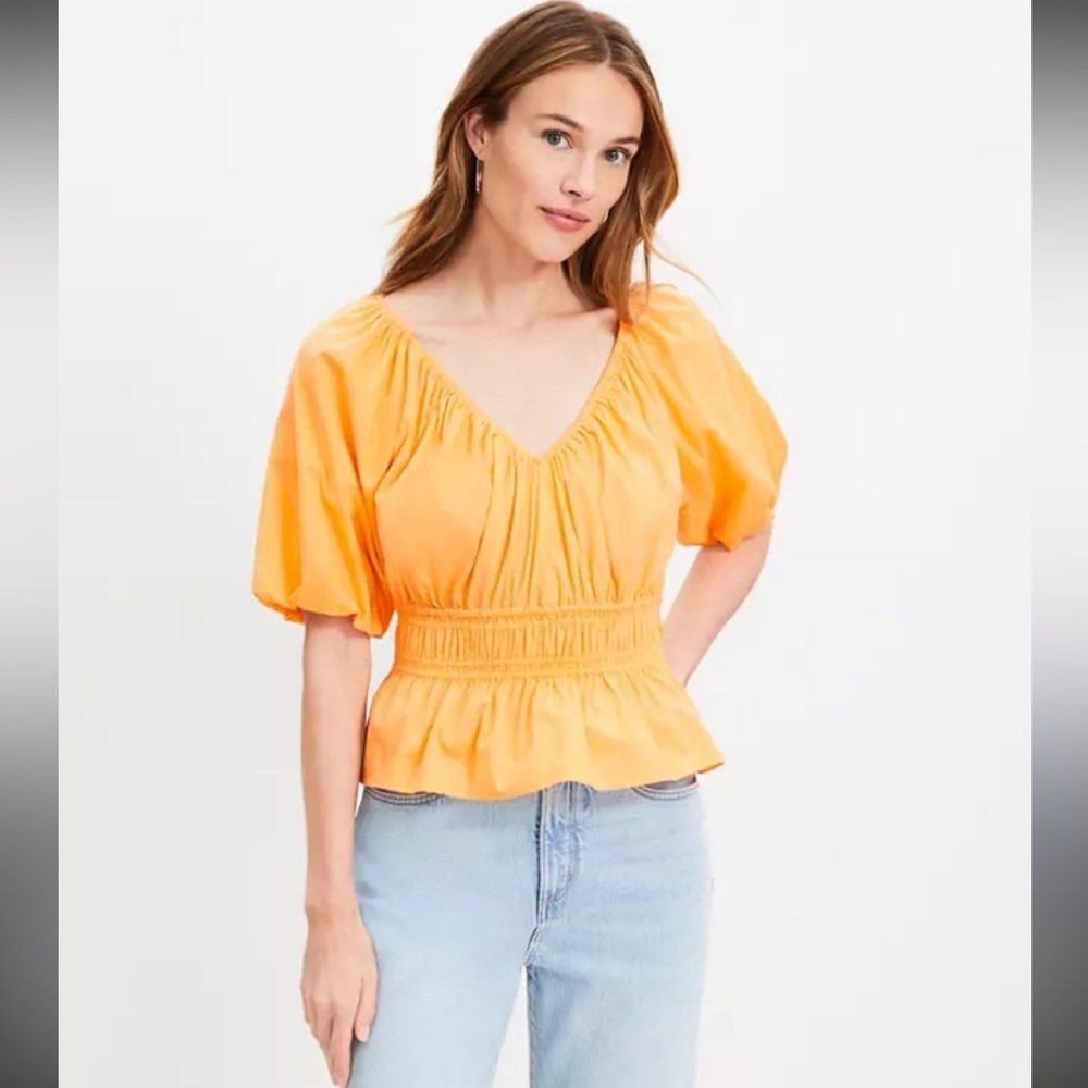 LOFT Top Womens Small Orange Tangerine Puff Sleeve Blouse Cottagecore Ruched